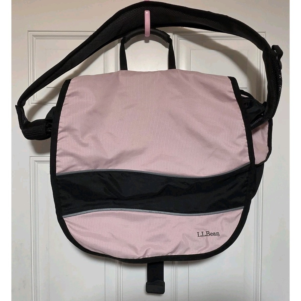 LL Bean Messenger Book Bag Purse Laptop Travel Pink Black Crossbody /w Strap